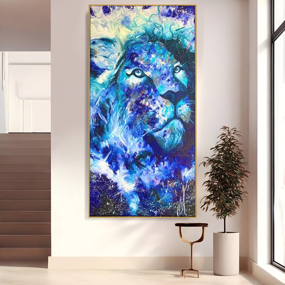 Tablou canvas cu tablou canvas cu leu albastru cosmic, in rama de aluminiu auriu